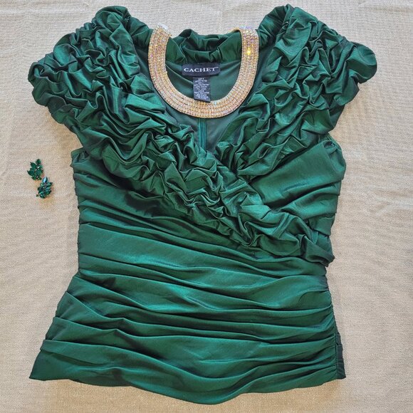 Emerald Green V Neck Bodycon Top. Back Zipper. 6. Cachet. - Picture 16 of 16
